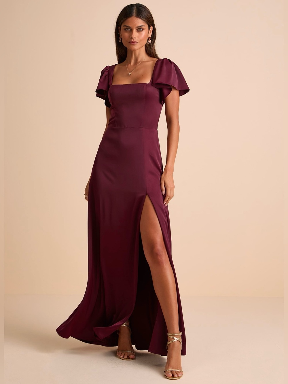 LULUS Wine Satin Flutter Sleeve Square Neck Dark Romance Wedding Guest Dress L